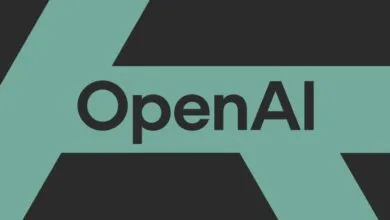 The OpenAI logo featuring dark text on a background of teal geometric shapes and dark grey.