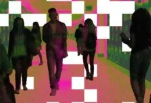 Silhouette figures of students walking in a pixelated and distorted school hallway