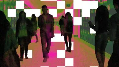 Silhouette figures of students walking in a pixelated and distorted school hallway