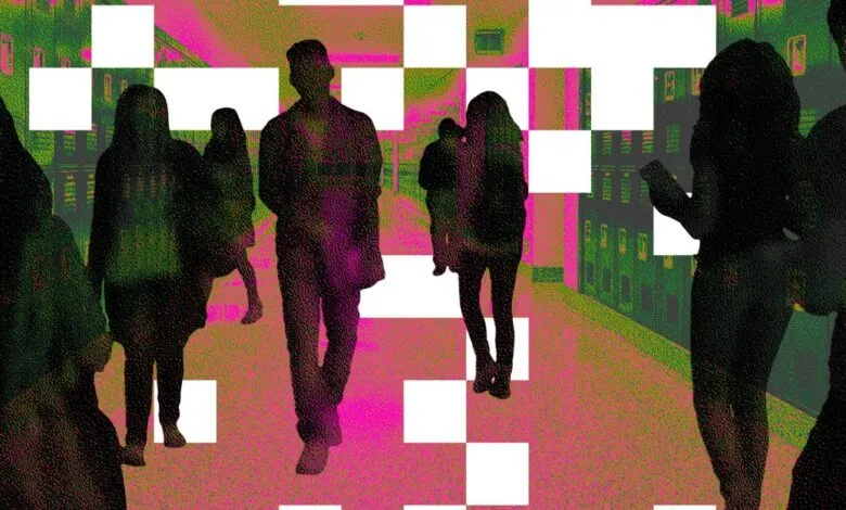Silhouette figures of students walking in a pixelated and distorted school hallway