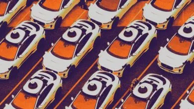 An aerial graphic pattern showing a fleet of autonomous Waymo robotaxis parked in diagonal rows.