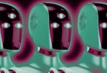 Three identical futuristic robot heads featuring three glowing eyes each against a magenta background
