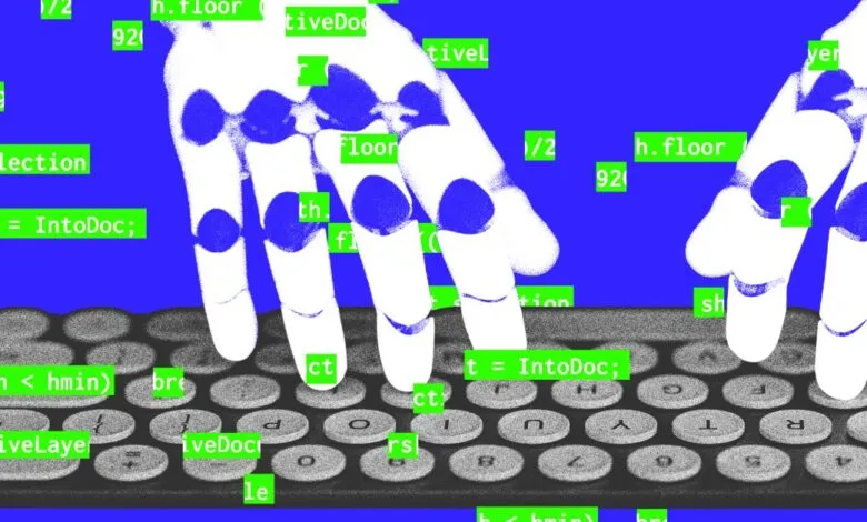 Robotic hands typing on a keyboard amid glowing digital code against a vibrant blue background.