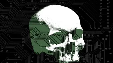 A stylized white and green skull overlaid on a black circuit board background.