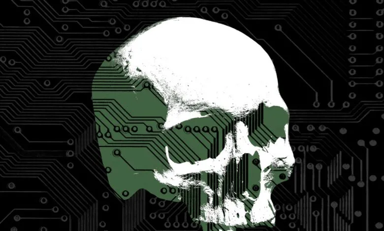 A stylized white and green skull overlaid on a black circuit board background.