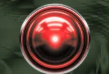 Glowing red circular optical lens resembling HAL 9000 against a dark green textured background