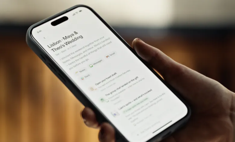 Person holding a smartphone displaying an AI app interface about a wedding itinerary.