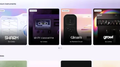 A digital software store interface displaying four purchased music instruments: Sharm, Drift Cassette, Gleam, and Growl.