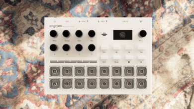 White Engram thoughtful things music production device resting on a patterned oriental rug