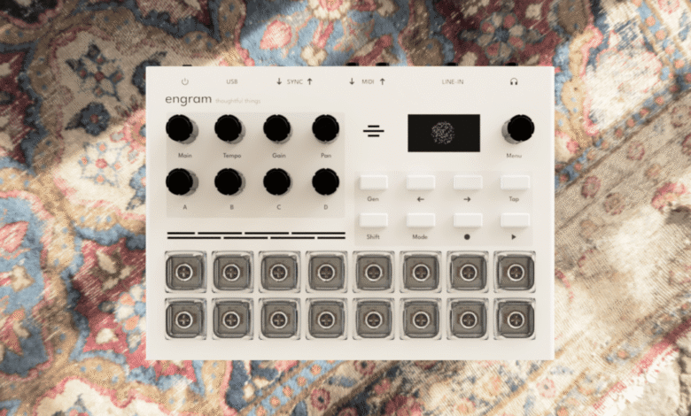 White Engram thoughtful things music production device resting on a patterned oriental rug