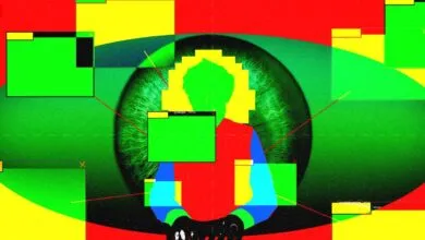 A stylized silhouette of a person set against a giant green eye and abstract red, yellow, and green windows.
