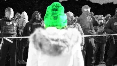 A person with a highlighted green head stands before a line of heavily armed riot police officers.