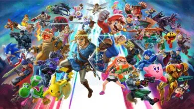 Vibrant collage of iconic video game characters featuring Mario and Link in the center.