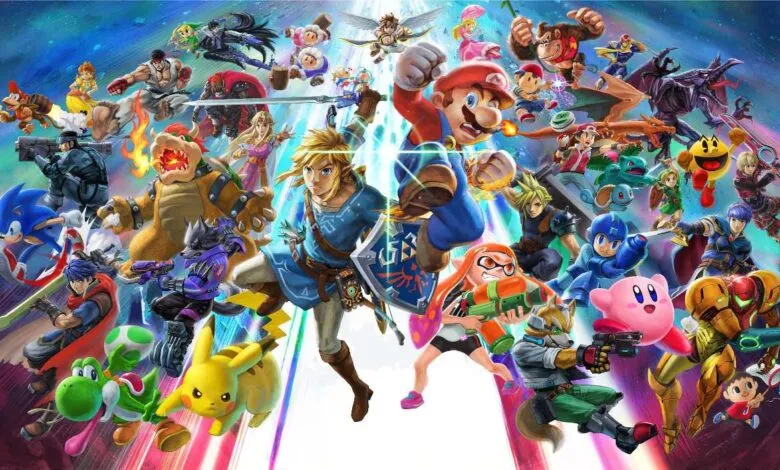 Vibrant collage of iconic video game characters featuring Mario and Link in the center.