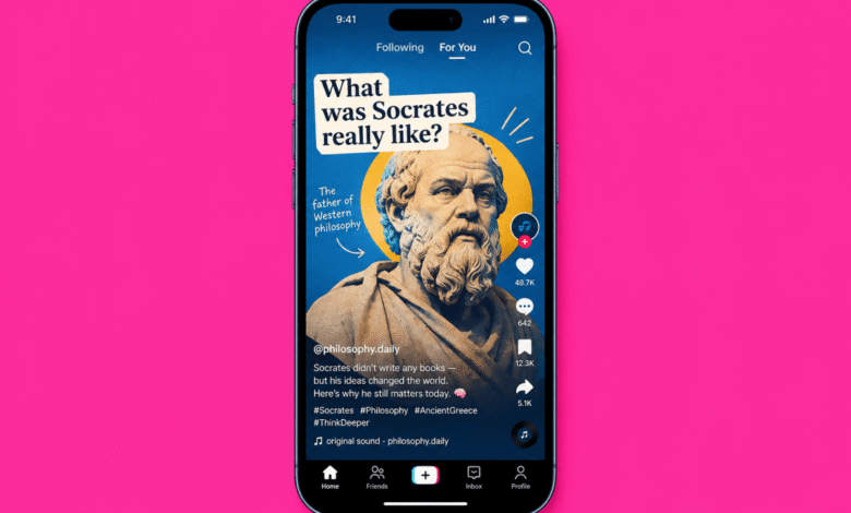 A smartphone displaying a TikTok video about the ancient Greek philosopher Socrates against a pink background.