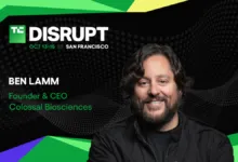 TechCrunch Disrupt speaker Ben Lamm, Founder and CEO of Colossal Biosciences, against a dark backdrop.