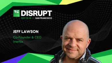 TechCrunch Disrupt speaker slide featuring Jeff Lawson, Co-Founder and CEO of Inertia.