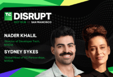 Nader Khalil and Sydney Sykes featured on a TechCrunch Disrupt San Francisco promo banner.