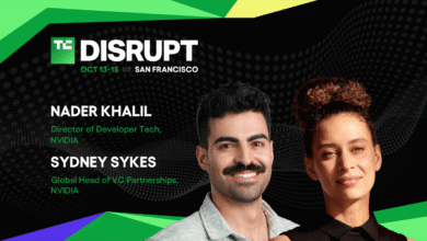 Nader Khalil and Sydney Sykes featured on a TechCrunch Disrupt San Francisco promo banner.
