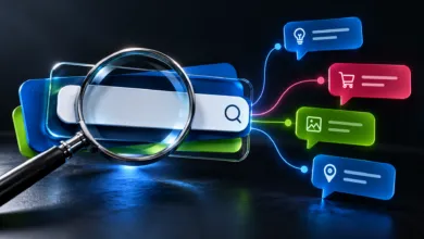 Magnifying glass over a search bar with glowing connected chat bubbles