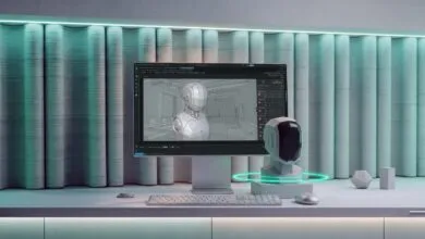 Modern workspace displaying a 3D robot model on screen with a physical robot head bust.
