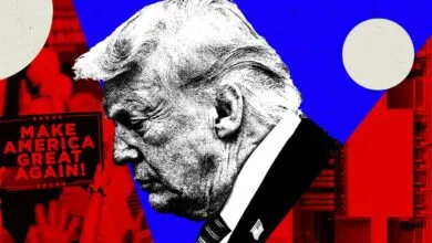 Graphic portrait of Donald Trump against a red, white, and blue background with a MAGA sign.