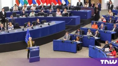 Ursula von der Leyen addresses the European Parliament from the podium