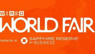 Wired World Fair event logo in white text on an orange background with sponsor details.