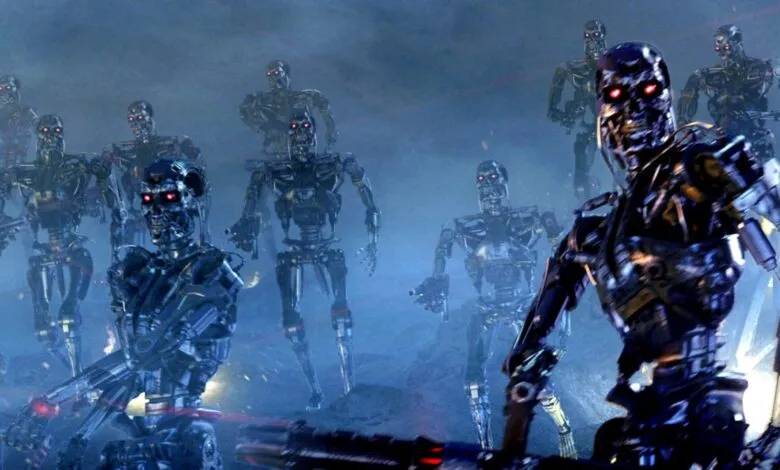 An army of menacing robotic endoskeletons with glowing red eyes marches across a desolate battlefield.