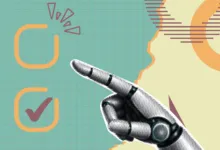 A stylized robotic finger pointing toward a checklist with a completed checkmark.