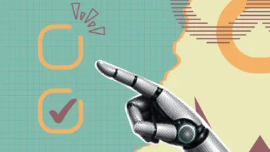 A stylized robotic finger pointing toward a checklist with a completed checkmark.