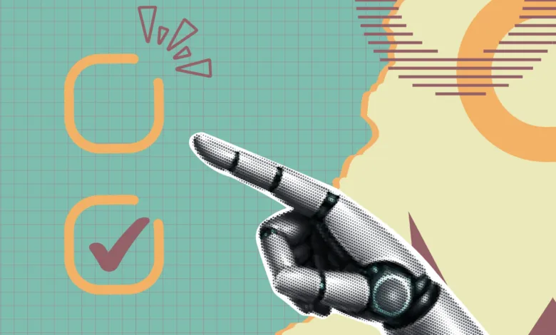 A stylized robotic finger pointing toward a checklist with a completed checkmark.