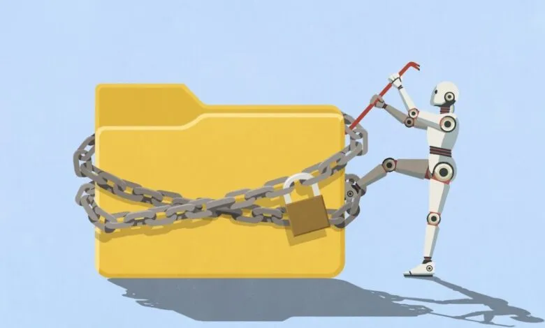 A robot uses a red crowbar to break a chain wrapped around a large yellow folder.