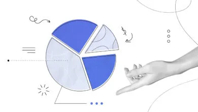 A human hand reaching toward a fragmented blue and white pie chart in a contemporary vector illustration.