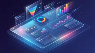 Futuristic 3D dashboard with glowing charts, graphs, and a sales funnel on a dark blue background.