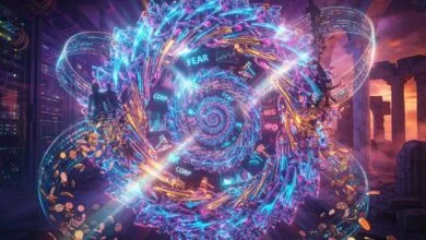 A glowing, neon-lit digital vortex swirls amidst floating coins and abstract financial data symbols.