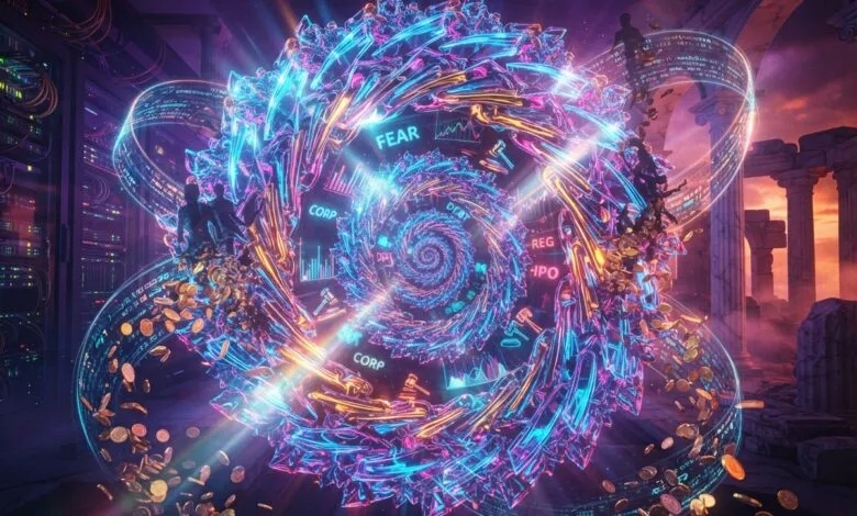 A glowing, neon-lit digital vortex swirls amidst floating coins and abstract financial data symbols.