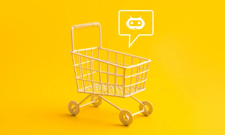 Miniature white shopping cart on a vibrant yellow background with an AI robot icon floating above