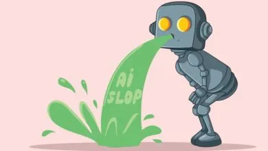 A gray robot vomiting a large splash of green liquid with the words AI SLOP written inside it.