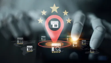 Robotic hand interacting with digital map interface showing local store markers and star ratings.
