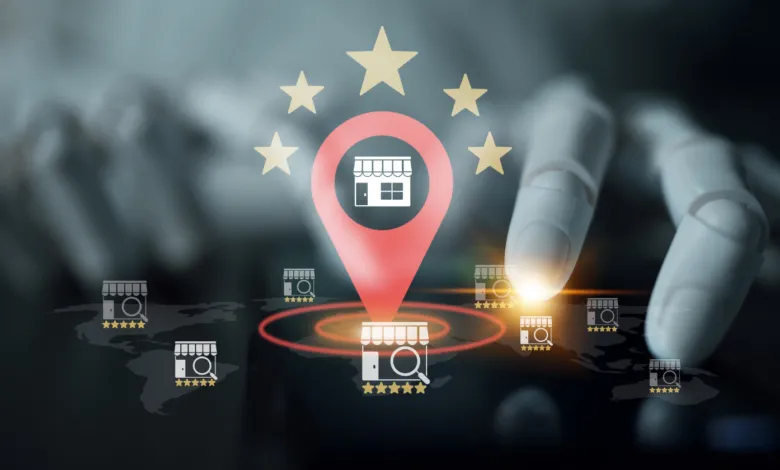Robotic hand interacting with digital map interface showing local store markers and star ratings.