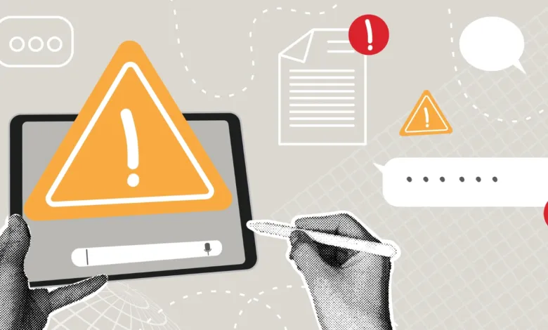 Digital illustration of a tablet displaying a large orange warning symbol and a stylus writing nearby.