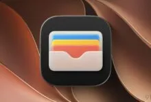 Apple Wallet app icon centered against an abstract brown and copper wavy background.