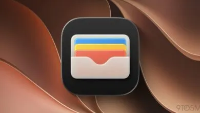 Apple Wallet app icon centered against an abstract brown and copper wavy background.