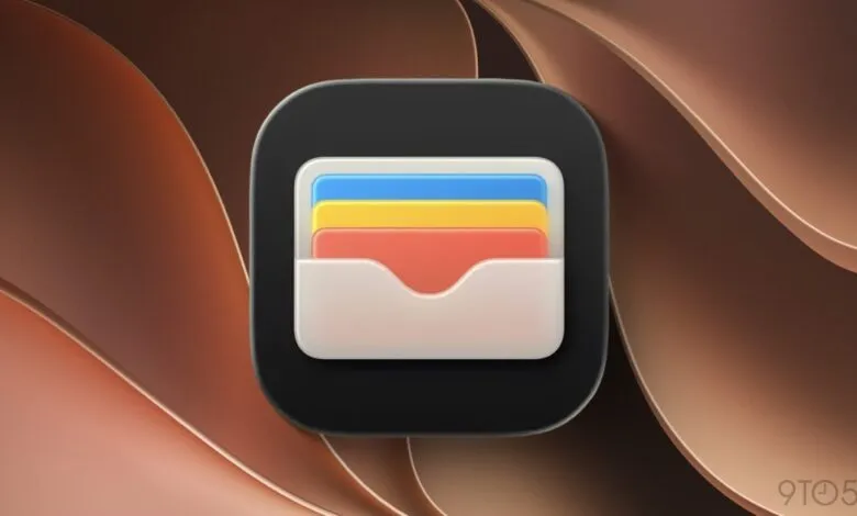 Apple Wallet app icon centered against an abstract brown and copper wavy background.
