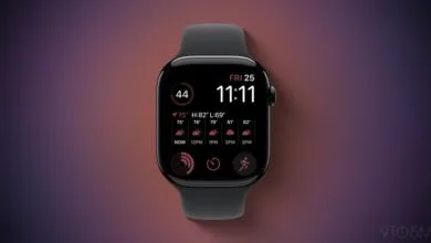 Black Apple Watch displaying a modular watch face with weather and time widgets