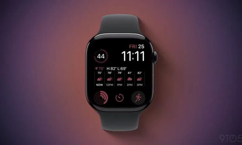 Black Apple Watch displaying a modular watch face with weather and time widgets