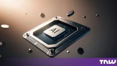 Futuristic AI processor chip floating amidst abstract metallic shapes against a warm gradient background.