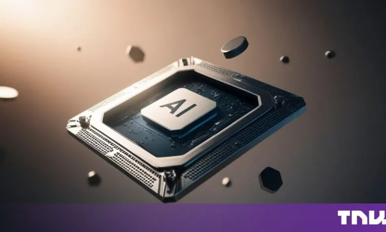 Close-up of a high-tech processor chip stamped with AI floating in a warm, glowing digital space.