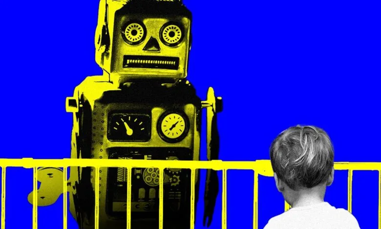 A young child stands behind a yellow railing, looking up at a large vintage-style robot.